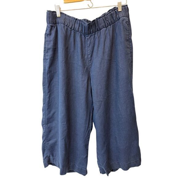 M&S Collection Navy Blue Wide Leg Linen Palazzo‎ Pants Elastic Waist US 12 14 - Picture 2 of 5